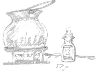 Drawing of a cauldron, a stirring rod, and a stoppered vial
