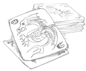 Drawing of a playing card leaning against a stack of cards, the face is of a dragon with Ds in the corners.