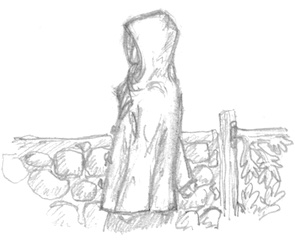 Drawing of a girl in a hooded rain jacket walking past a stone wall.