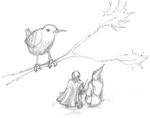 Drawing of a bird on a tree branch and two robed figures below.