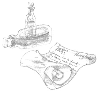 Drawing of two stoppered potions bottles, one on its side. In front is a scroll with writing on it.