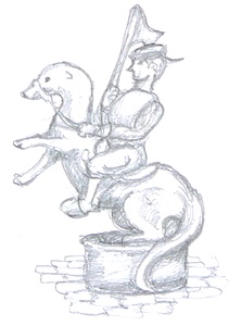 Drawing of a statue on a cylindrical base of a man in a cap and holding a flag riding a rearing stoat.