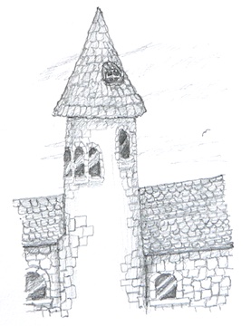Drawing of a castle tower with a conical roof sticking up over a lower roofline.