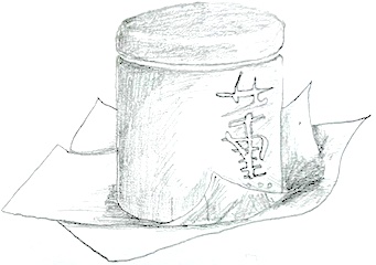 Drawing of cylindrical tin of tea sitting on crooked paper.