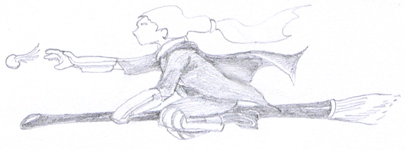 Drawing of Suze on her fancy black broom with her arm outstretched reaching forward for the snitch.