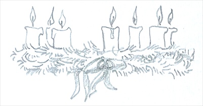 Drawing of a floating horizontal wreath with candles burning in it.