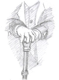 Drawing of the torso of a man in a nice suit holding a heavy cane.