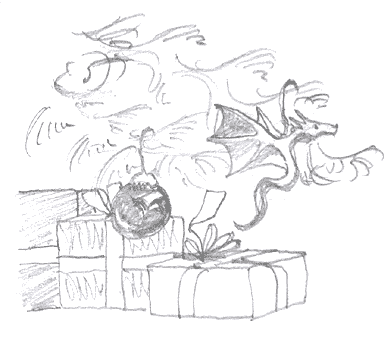 Drawing of the base of a christmas tree with a dragon ornament and two presents.