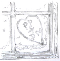 Drawing of a frosted window where someone has written PP + DM into the frost with their finger.