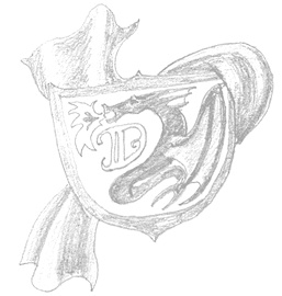 Drawing of a crest with a large D, a dragon, and a decorative cloth wrapped behind it.