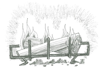 Drawing of a roaring fire on a black andiron.