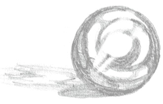 Drawing of a transparent sphere with other spheres inside it. It casts a long shadow to the left.
