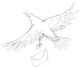 Drawing of a soaring bird of prey dropping an envelope from its claws.