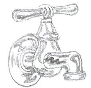Drawing of an old faucet with a snake engraved on the side of the spigot.