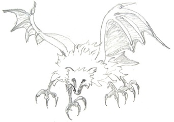 Drawing of a four legged bat-like creature with long claws, flying headlong toward the viewer.
