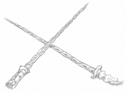 Drawing of two crossed wands. The wand on the left has a damaged handle.