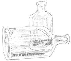 Drawing of two mostly empty bottles. The one in front lies on its side distorting the view of the one behind.