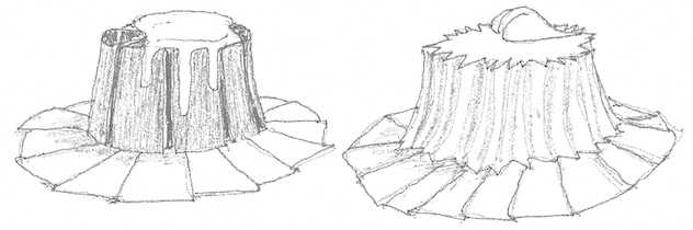 Drawing of two fancy chocolates on round unfolded papers. The left chocolate is dark with white icing, the right is lighter with a dollop on top.