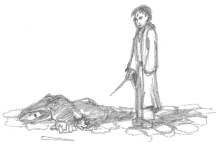 Drawing of Harry standing over Voldemort's body--a bony figure mostly hidden by his robes and hood, wand just out of reach of his fingers.