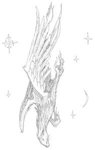 Drawing of a winged creature plummeting head first against a starry sky.