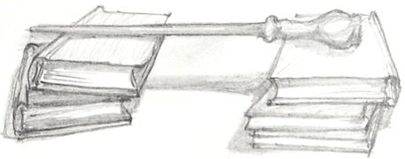 Drawing of two stacks of books with a wand balanced between them, bridging them.