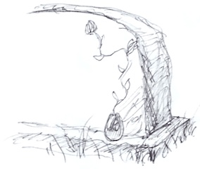 Drawing of a gravestone with a transparent egg resting on the base, a thin flowering vine climbs out of it onto the stone.