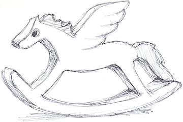 Outline drawing of a pegasus rocking horse toy.