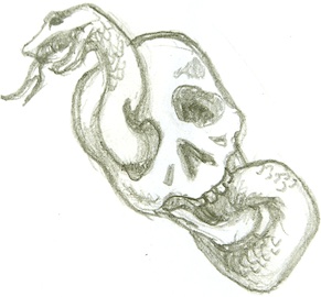 Drawing of a dark mark: a skull with a snake winding around it, through the eye hole and mouth.