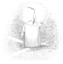 Drawing of a candle burning in the dimness, two white lines lead away from it across the floor to the left as though it sits at the apex of a pentagram.