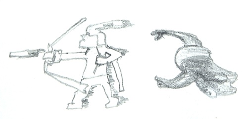 Drawing of a pixellated archer figure being attacked from behind by a dark little ghost figure.