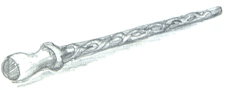 Drawing of a decorative wand with a curved diamond pattern.