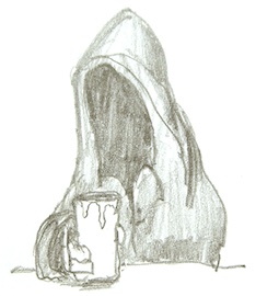 Drawing of a hooded figure holding a sloppy mug of drink on a bar.