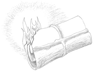Drawing of a scroll with a cross of wax that is alight at one end.