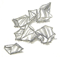 Drawing of shards of a dark, reflective glass.