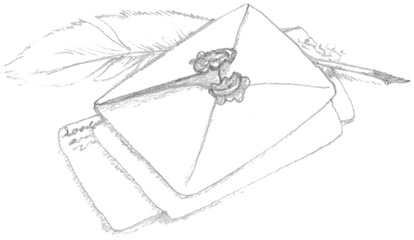 Drawing of a pile of letters on top of a quill. The top envelope has a large wax seal closing it