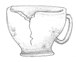 Drawing of a teacup with a chip at the rim and a long crack leading down from the chip.