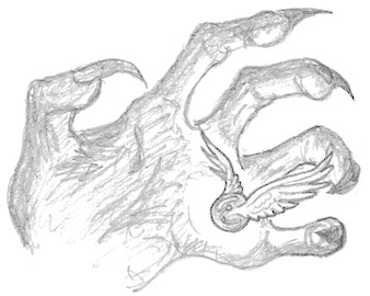 Drawing of a large clawed hand reaching to grab a small snitch flying by.
