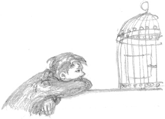 Drawing of Harry sitting with his chin on his arms staring into an empty bird cage.
